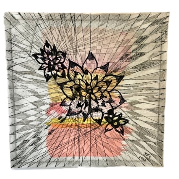 Hand Crafted unique pencil & sharpie on white canvas 3-D Upcycled artwork Floral - Picture 2 of 8